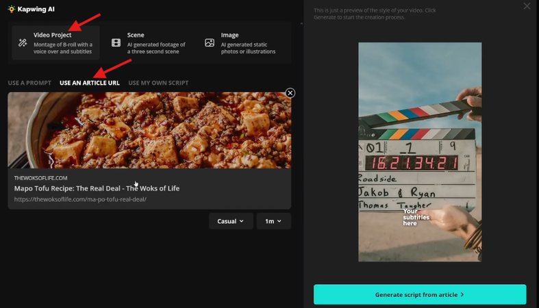 Converting an article into a video in the Kapwing AI video generator