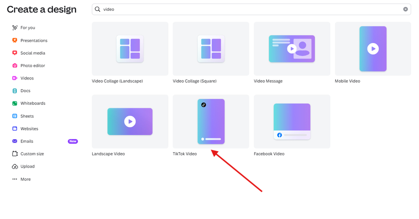 Creating a new TikTok video project in Canva