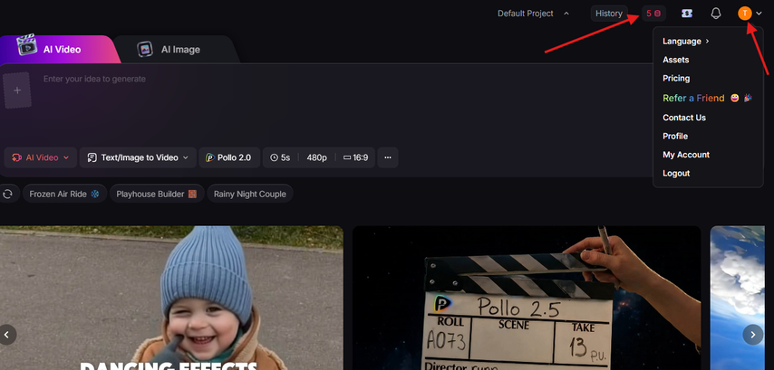 Credits showing in Pollo AI video generator