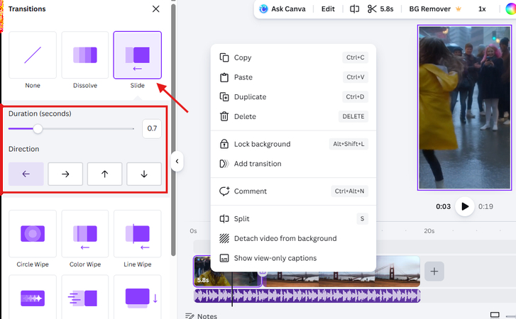 Customizing transition settings in the Canva AI TikTok video generator