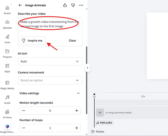 Describing the video in Canva Image Animate