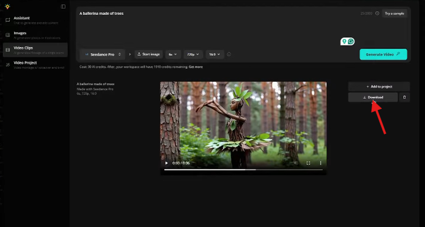 Downloading the generated clip in the Kapwing AI Text to Video generator