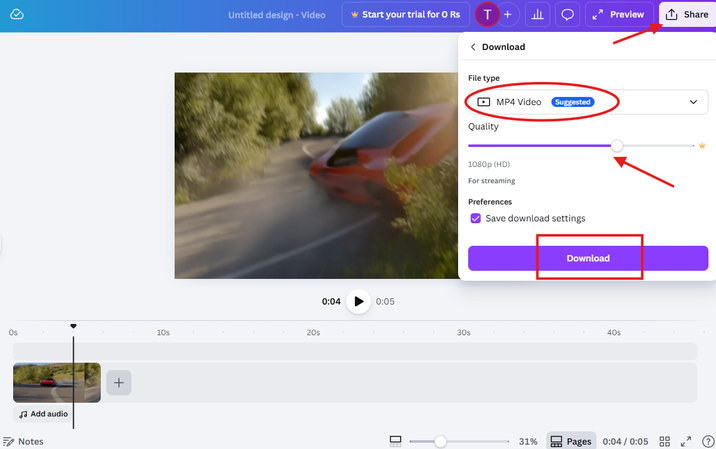 Downloading the generated video in Canva