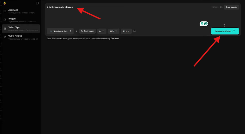 Entering a prompt and generating the video in Kapwing