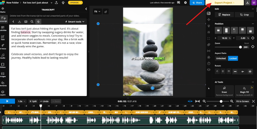Exporting generated video in the Kapwing AI video generator