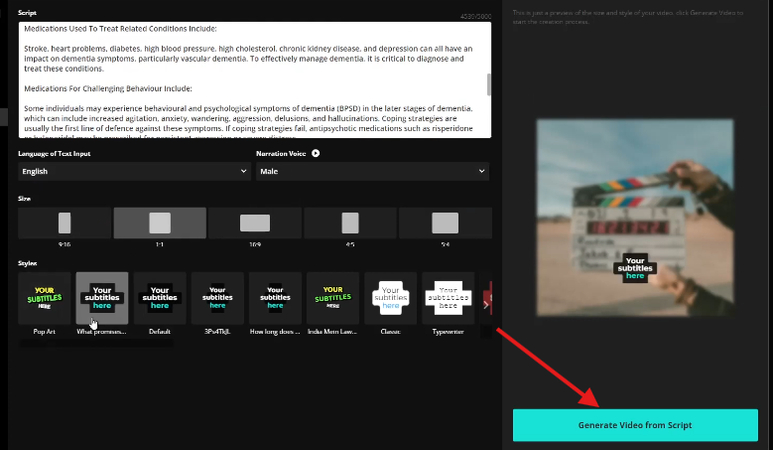Generating a video from the script in Kapwing