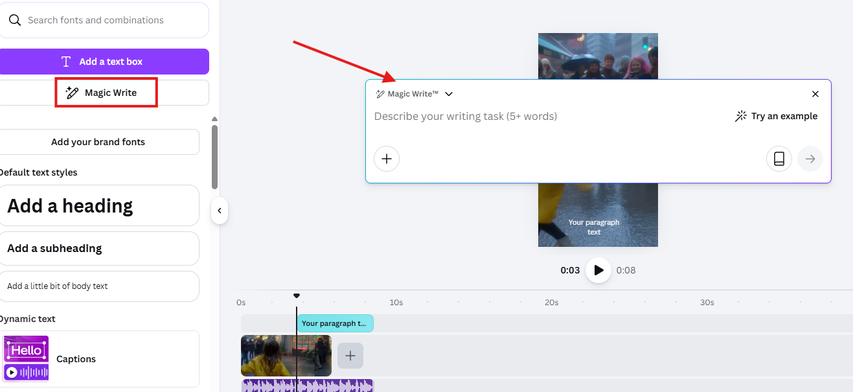 Generating text with Magic Write in the Canva TikTok video generator