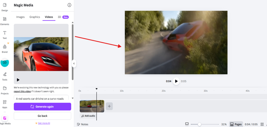 Generating the video using Canva AI Magic Media