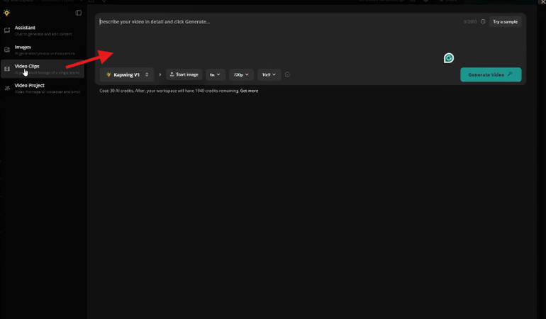 Kapwing AI Video Clips interface