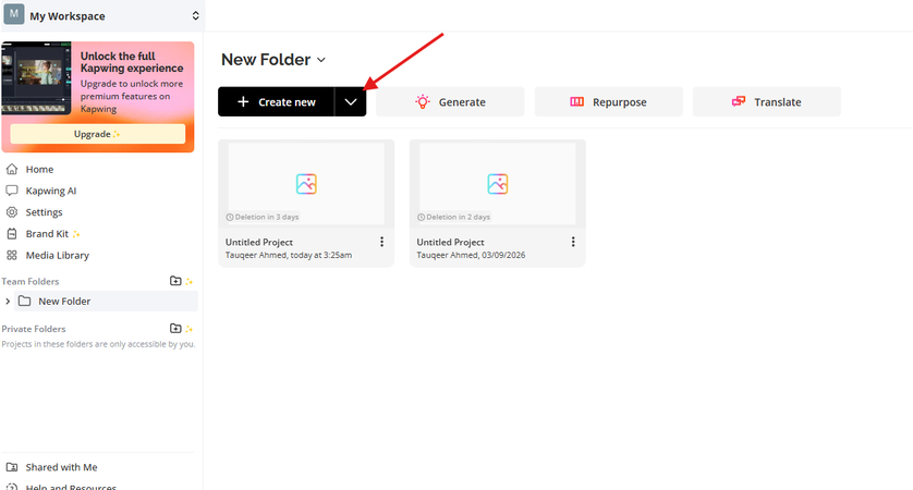 Kapwing AI video generator dashboard