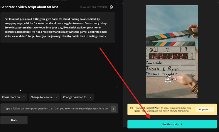 Kapwing AI video generator Use This Script option