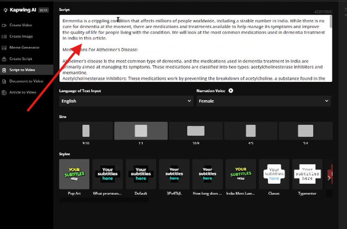Pasting the script in the Kapwing AI Text to Video generator