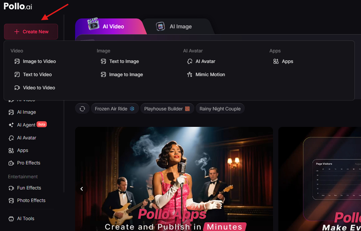 Pollo AI video generator dashboard