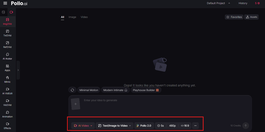 Pollo AI video generator prompt box