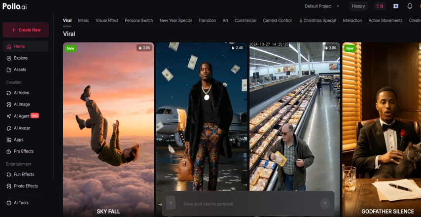 Pollo AI video generator templates and effects