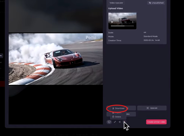 Previewing and downloading the upscaled video in Pollo AI