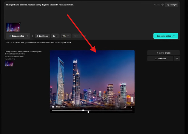 Previewing the generated video in the Kapwing AI Image to Video generator