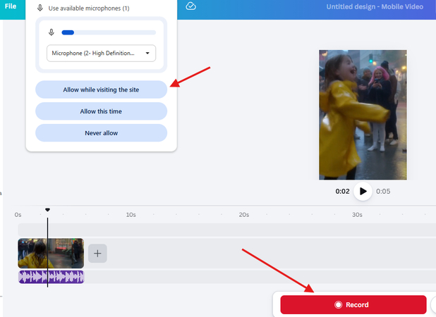 Recording a voiceover in the Canva AI TikTok video generator