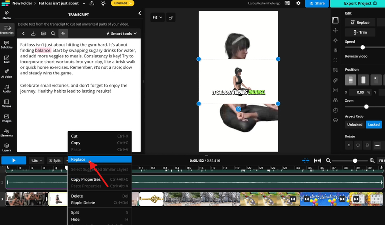 Replacing sections of the generated clip in the Kapwing AI video generator