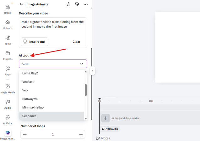 Selecting an AI model in Canva Image Animate