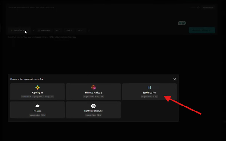 Selecting Seedance Pro in the Kapwing AI Image to Video generator