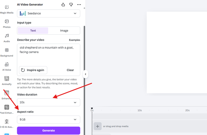 Selecting video duration and aspect ratio in Canva Text to Video AI