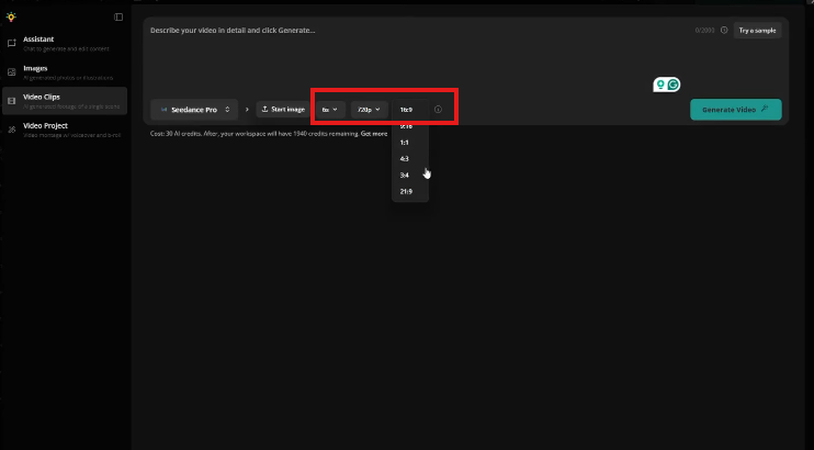 Selecting video duration, aspect ratio, and resolution in Kapwing