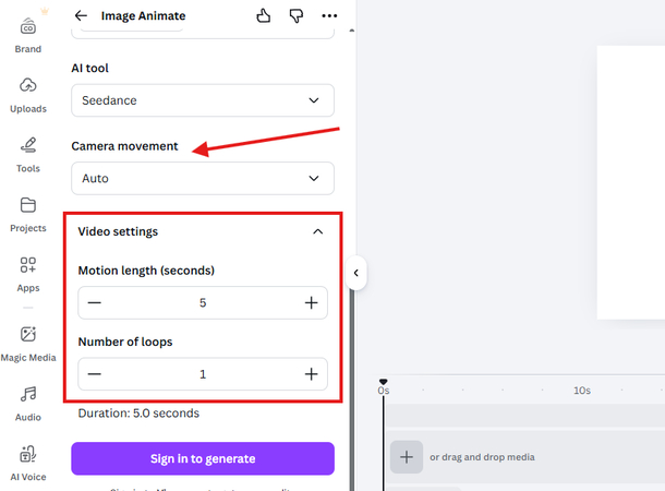 Setting the video duration and loops in Canva Image Animate