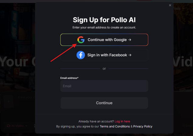 Signing up on Pollo AI video generator