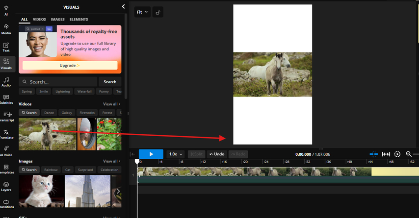 Stock video appearing in the timeline to edit