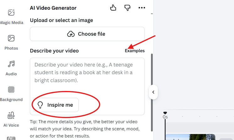 Text prompt box in Canva Image to Video AI