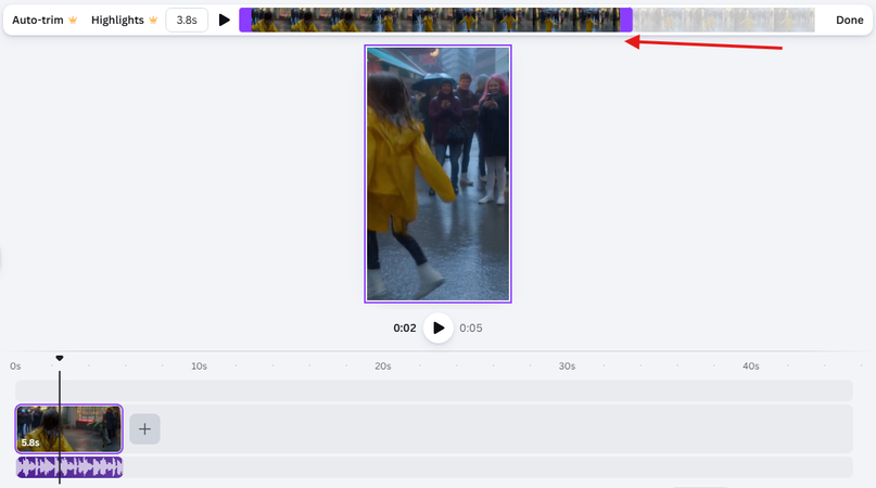 Trimming the video in the Canva AI TikTok video generator