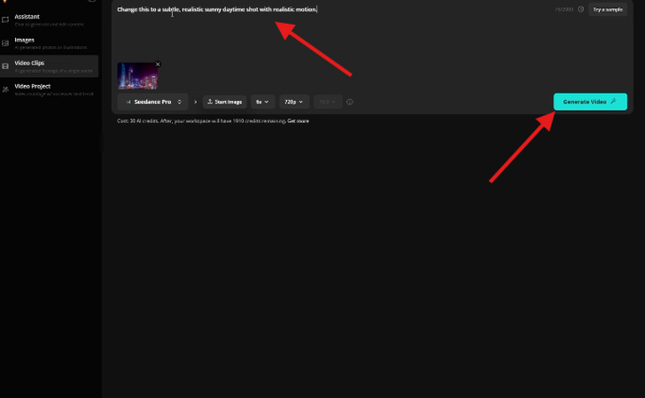 Typing a prompt for the image and generating the video in Kapwing AI