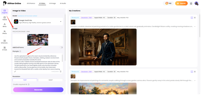 upload photo and prompt ai baseball video