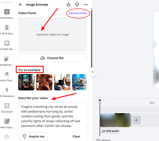 Uploading an image and writing prompt in Canva Image Animate