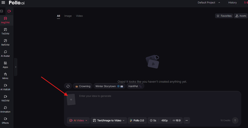 Uploading an image in Pollo AI video generator