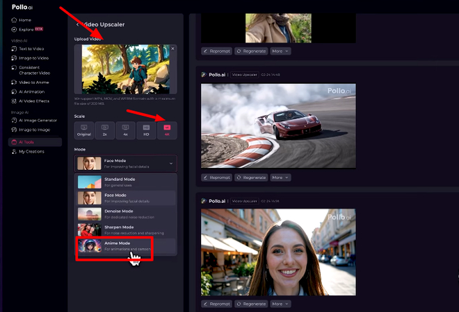 Upscaling video in Pollo AI using the Anime mode