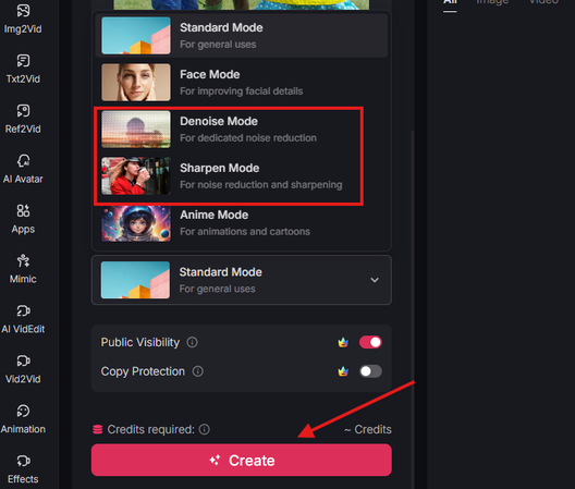 Upscaling video in Pollo AI using the Denoise and Sharpen mode