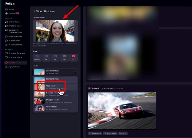 Upscaling video in Pollo AI using the Face mode