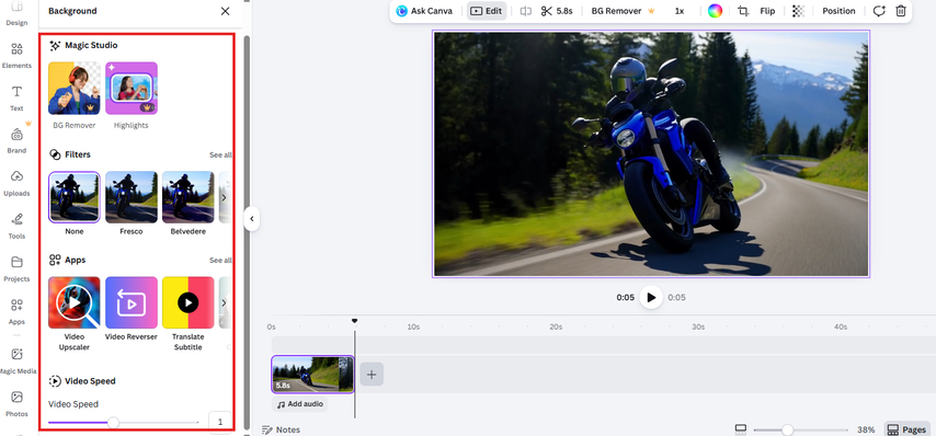 Using filters and adjusting playback speed in Canva Text to Video AI