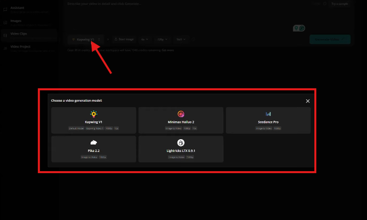 Video models in the Kapwing AI Image to Video generator