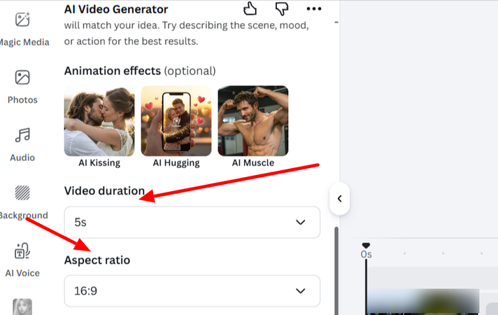 video settings in Canva Image to Video AI