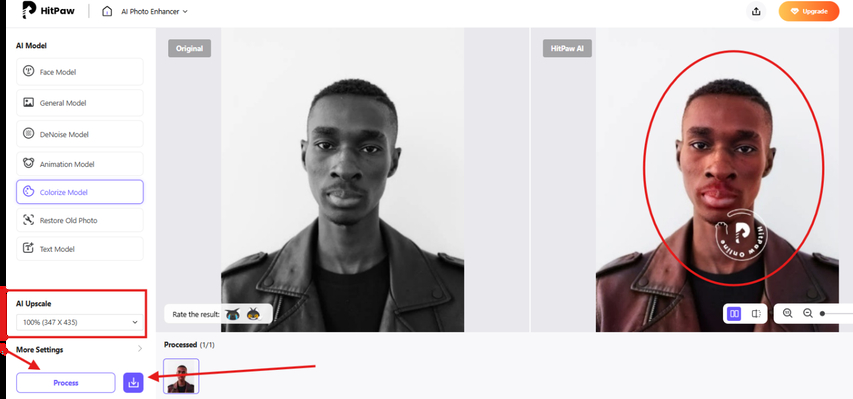 Blowing up and downloading a black and white image with HitPaw AI Upscale
