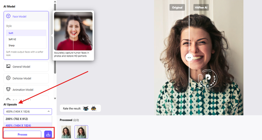 Blowing up the facial features in an image with HitPaw AI Upscale