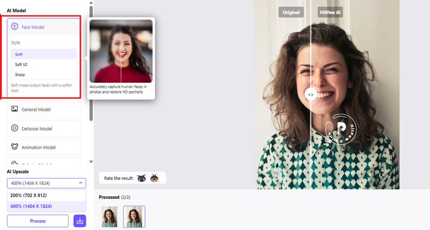 Choosing the Face Model to blow up images with HitPaw