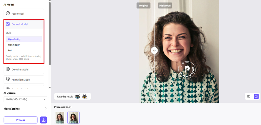 Choosing the General Model to blow up images with HitPaw