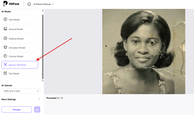 Choosing the Restore Old Photo Model to blow up images with HitPaw