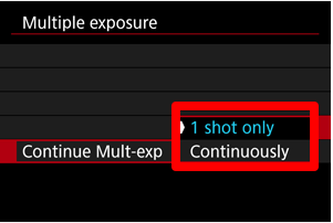 'Continue Multi-expo' settings on the Canon EOS R5