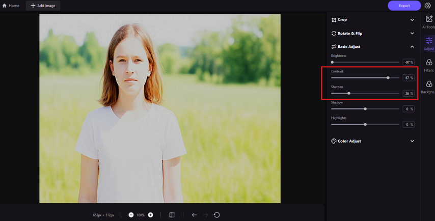 Increasing the contrast and the sharpness of an overexposed photo