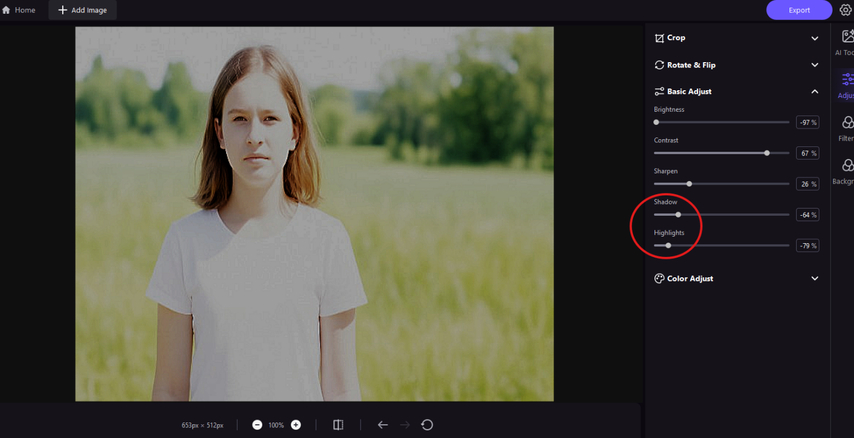 Lowering the shadow and the highlights of an overexposed photo